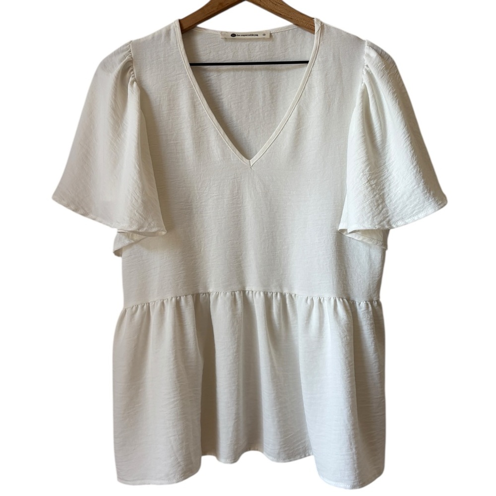 The Impeccable Pig Relaxed Fit Peplum Blouse in White Small Butterfly Sleeves